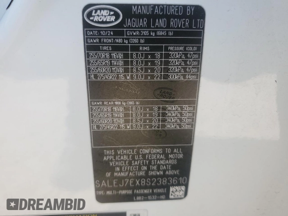 2025 Land Rover Defender S with VIN SALEJ7EX8S2383610, listed as a Copart auction lot 61796155 with 12,666 mi miles and Salvage title. Bid and sale history available at DreamBid. Image 13.