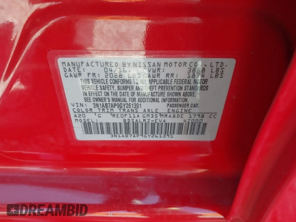 2016 Nissan Sentra S with VIN 3N1AB7AP9GY261391, listed as a IAAI auction lot 41739175 with 132,135 mi miles and . Bid and sale history available at DreamBid. Image 9.