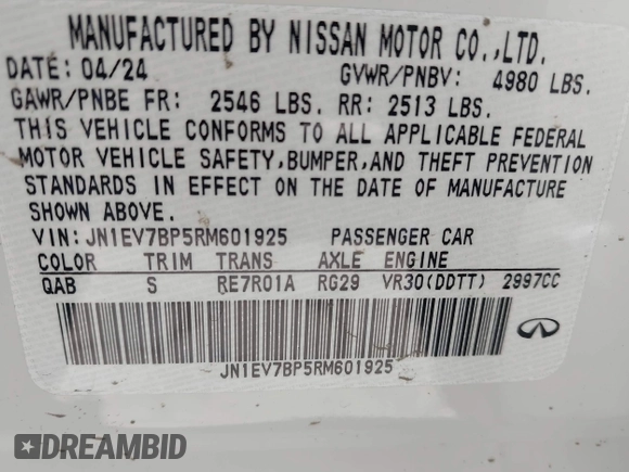 2024 Infiniti Q50 Luxe with VIN JN1EV7BP5RM601925, listed as a IAAI auction lot 42261752 with 1,511 mi miles and . Bid and sale history available at DreamBid. Image 9.