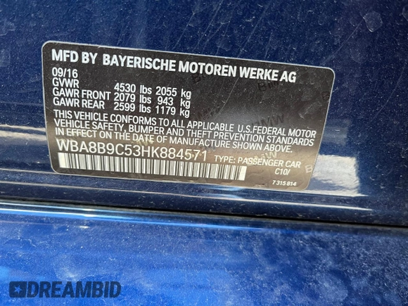 2017 BMW 3 Series 330i with VIN WBA8B9C53HK884571, listed as a Copart auction lot 86259974 with 42,771 mi miles and Clean Title. Bid and sale history available at DreamBid. Image 10.