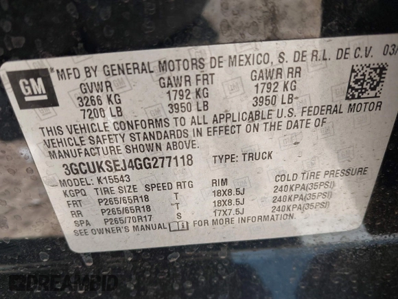 2016 Chevrolet Silverado 1500 LTZ with VIN 3GCUKSEJ4GG277118, listed as a IAAI auction lot 41624065 with 113,780 mi miles. Bid and sale history available at carsss.com. Image 9.