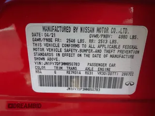 2021 Infiniti Q50 Red Sport 400 with VIN JN1FV7DP3MM850783, listed as a IAAI auction lot 41335175 with 59,113 mi miles and . Bid and sale history available at DreamBid. Image 9.