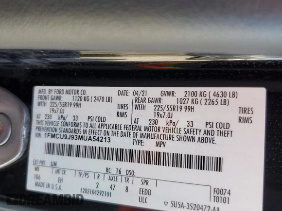 2021 Ford Escape Titanium with VIN 1FMCU9J93MUA54213, listed as a Copart auction lot 59211045 with Not provided miles and Salvage title. Bid and sale history available at DreamBid. Image 13.