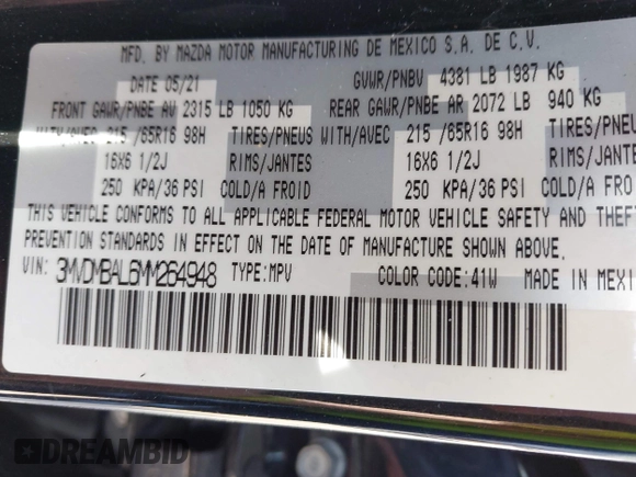 2021 Mazda CX-30 S with VIN 3MVDMBAL6MM264948, listed as a IAAI auction lot 42263077 with 13,614 mi miles and . Bid and sale history available at DreamBid. Image 9.