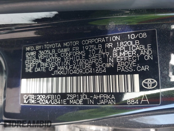 2009 Scion xD with VIN JTKKU10409J041654, listed as a IAAI auction lot 42036558 with 122,661 mi miles. Bid and sale history available at carsss.com. Image 9.
