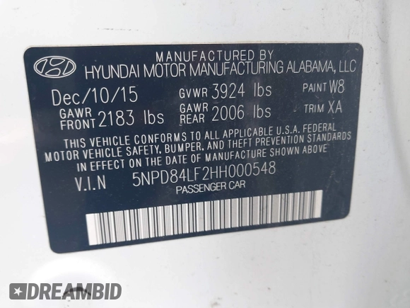 2017 Hyundai Elantra Limited with VIN 5NPD84LF2HH000548, listed as a IAAI auction lot 41550287 with 293,687 mi miles and . Bid and sale history available at DreamBid. Image 9.