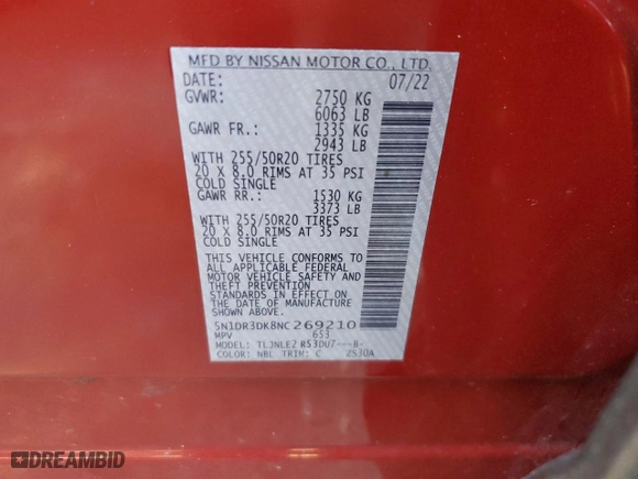 2022 Nissan Pathfinder Platinum with VIN 5N1DR3DK8NC269210, listed as a Copart auction lot 46353535 with 63,491 mi miles and Salvage Title. Bid and sale history available at carsss.com. Image 13.