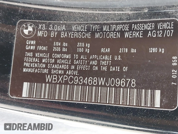 2008 BMW X3 3.0si with VIN WBXPC93468WJ09678, listed as a IAAI auction lot 41842680 with 156,545 mi miles and . Bid and sale history available at DreamBid. Image 9.