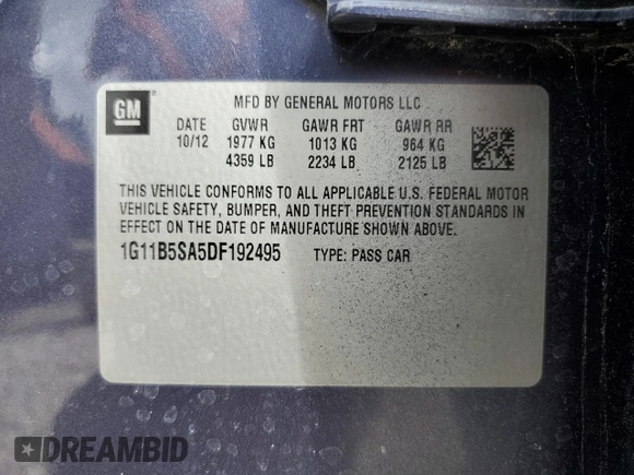 2013 Chevrolet Malibu LS with VIN 1G11B5SA5DF192495, listed as a Copart auction lot 47100155 with 129,514 mi miles and Clean Title. Bid and sale history available at DreamBid. Image 12.