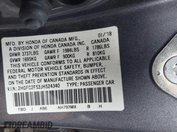 2018 Honda Civic Sedan LX with VIN 2HGFC2F53JH524340, listed as a IAAI auction lot 41778389 with 86,218 mi miles. Bid and sale history available at carsss.com. Image 9.
