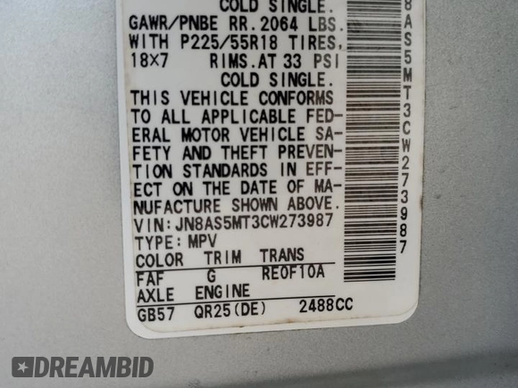 2012 Nissan Rogue S with VIN JN8AS5MT3CW273987, listed as a Copart auction lot 50877355 with 186,299 mi miles and Salvage Title. Bid and sale history available at DreamBid. Image 13.