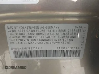 2011 Volkswagen CC Sport с VIN WVWMN7AN7BE729110, выставлен на аукционе IAAI как лот 42290383 с пробегом 117 932 миль миль и . История ставок и продаж доступна на DreamBid. Изображение 9.