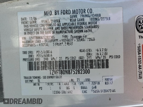 2007 Ford Mustang Deluxe с VIN 1ZVFT80N875282300, выставлен на аукционе Copart как лот 58549175 с пробегом 157 176 миль миль и Списание • Salvage title. История ставок и продаж доступна на DreamBid. Изображение 12.