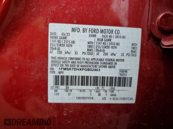 2023 Ford Explorer XLT with VIN 1FMSK7DHXPGB02463, listed as a Copart auction lot 53586825 with 38,854 mi miles and Salvage Title. Bid and sale history available at carsss.com. Image 13.