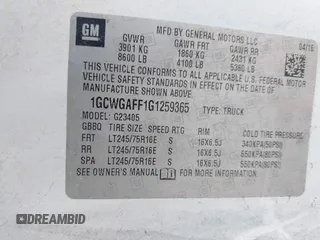 2016 Chevrolet Express Cargo Van with VIN 1GCWGAFF1G1259365, listed as a IAAI auction lot 42066824 with 279,250 mi miles. Bid and sale history available at carsss.com. Image 9.