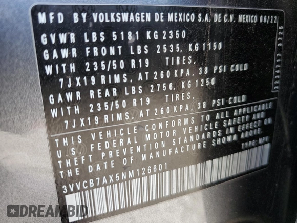 2022 Volkswagen Tiguan SE R-Line Black z VIN 3VVCB7AX5NM126601, wystawiony jako Copart lot #60935515 z przebiegiem 67 801 mil mil oraz Szkoda całkowita • Salvage title. Historia ofert i sprzedaży dostępna na DreamBid. Obrazek 14.