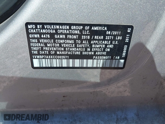 2012 Volkswagen Passat SE с VIN 1VWBP7A3XCC002571, выставлен на аукционе IAAI как лот 42138635 с пробегом 131 052 миль миль и . История ставок и продаж доступна на DreamBid. Изображение 9.