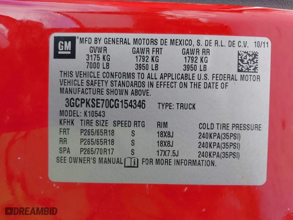 2012 Chevrolet Silverado 1500 LT with VIN 3GCPKSE70CG154346, listed as a IAAI auction lot 41322264 with 99,226 mi miles. Bid and sale history available at carsss.com. Image 9.