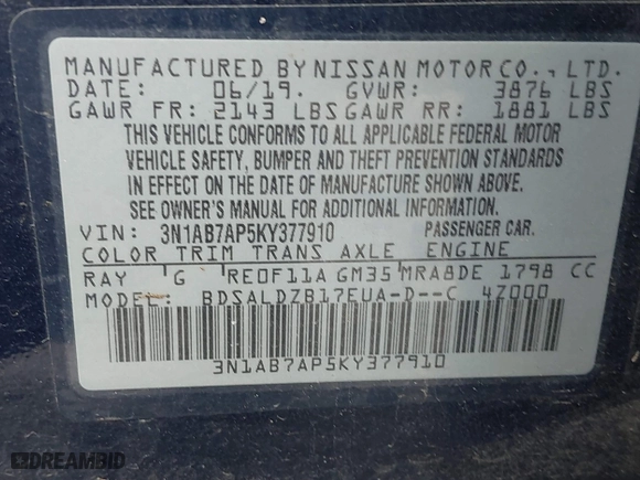 2019 Nissan Sentra SR with VIN 3N1AB7AP5KY377910, listed as a IAAI auction lot 41929219 with 75,079 mi miles. Bid and sale history available at carsss.com. Image 9.