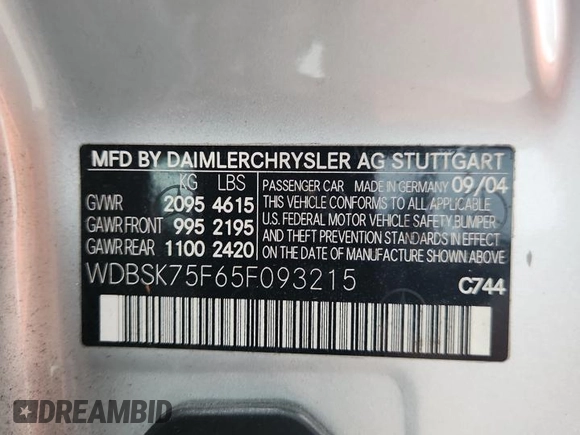 2005 Mercedes-Benz SL 500 with VIN WDBSK75F65F093215, listed as a Copart auction lot 63744135 with 94,645 mi miles and Salvage title. Bid and sale history available at DreamBid. Image 12.
