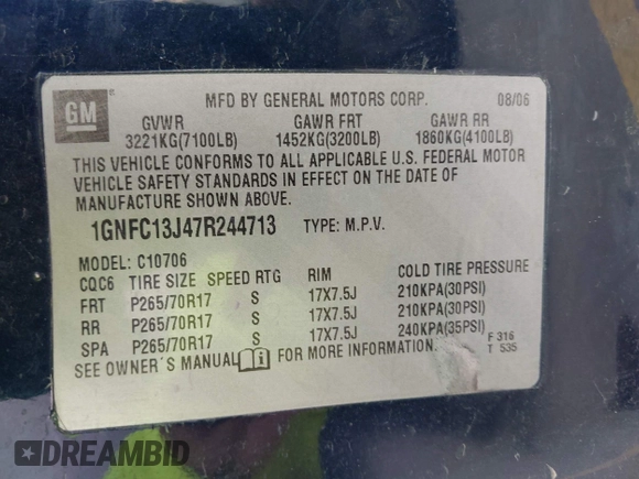 2007 Chevrolet Tahoe LT with VIN 1GNFC13J47R244713, listed as a IAAI auction lot 42632365 with 196,527 mi miles and . Bid and sale history available at DreamBid. Image 9.