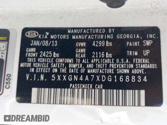 2013 Kia Optima EX with VIN 5XXGN4A7XDG168834, listed as a IAAI auction lot 42515149 with 196,732 mi miles and . Bid and sale history available at DreamBid. Image 9.