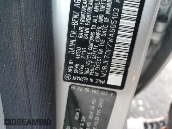 1998 Mercedes-Benz E with VIN WDBJF70F7WA605103, listed as a Copart auction lot 42458545 with 189,082 mi miles and Salvage Title. Bid and sale history available at DreamBid. Image 12.