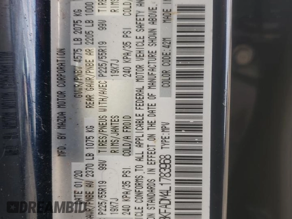 2020 Mazda CX-5 Grand Touring with VIN JM3KFADM4L1783968, listed as a Copart auction lot 85994244 with 89,074 mi miles and Salvage Title. Bid and sale history available at DreamBid. Image 13.