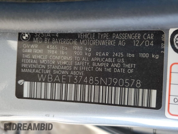 2005 BMW 3 Series 325i with VIN WBAET37485NJ90578, listed as a Copart auction lot 83905094 with 119,946 mi miles and Salvage Title. Bid and sale history available at carsss.com. Image 14.
