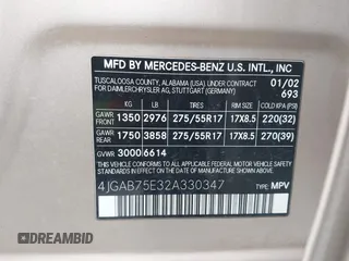 2002 Mercedes-Benz M 320/430/500 with VIN 4JGAB75E32A330347, listed as a IAAI auction lot 41929140 with 227,727 mi miles and . Bid and sale history available at DreamBid. Image 9.