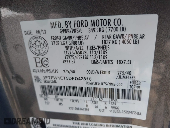 2013 Ford F-150 XL with VIN 1FTFW1ET5DFD42810, listed as a IAAI auction lot 42681301 with 154,021 mi miles and . Bid and sale history available at DreamBid. Image 9.
