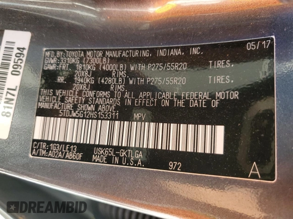 2017 Toyota Sequoia Limited with VIN 5TDJW5G12HS153311, listed as a Copart auction lot 74111964 with 69,877 mi miles and Salvage Title. Bid and sale history available at carsss.com. Image 13.