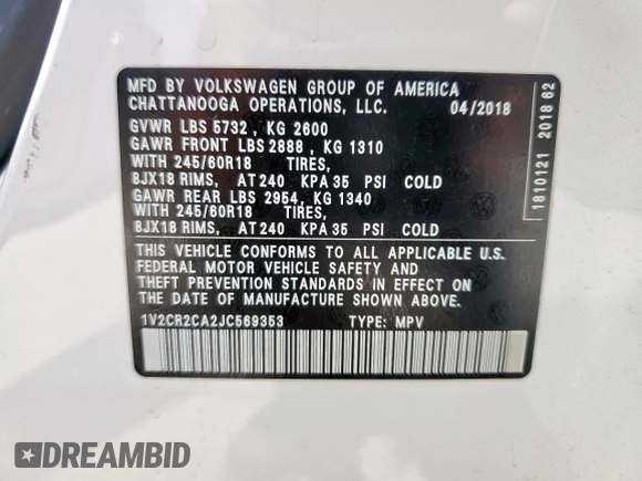 2018 Volkswagen Atlas SE with VIN 1V2CR2CA2JC569353, listed as a Copart auction lot 58377025 with 116,303 mi miles and Clean title. Bid and sale history available at DreamBid. Image 14.