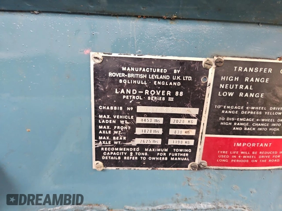 1976 Land Rover Defender с VIN 90123300A, выставлен на аукционе Copart как лот 81744514 с пробегом Не указан миль и Чистый • Clean title. История ставок и продаж доступна на DreamBid. Изображение 10.