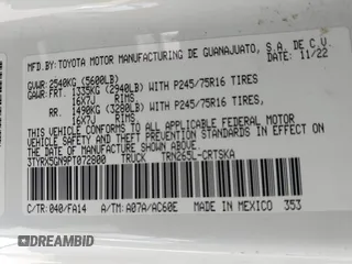 2023 Toyota Tacoma SR with VIN 3TYRX5GN9PT072800, listed as a IAAI auction lot 41622901 with 14,528 mi miles and . Bid and sale history available at DreamBid. Image 9.