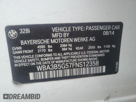 2015 BMW 3 Series 328i xDrive with VIN WBA3B5G57FNS12358, listed as a Copart auction lot 46918405 with 76,371 mi miles and Clean Title. Bid and sale history available at carsss.com. Image 13.