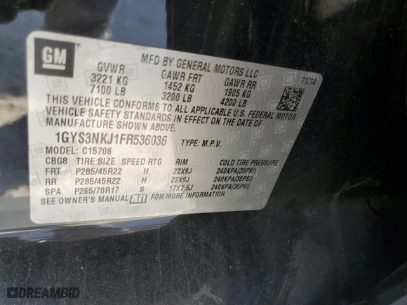 2015 Cadillac Escalade Premium with VIN 1GYS3NKJ1FR536036, listed as a Copart auction lot 43504705 with 140,640 mi miles and Salvage Title. Bid and sale history available at carsss.com. Image 13.
