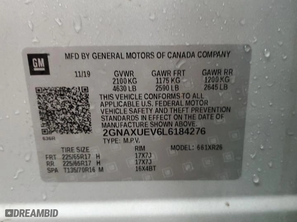 2020 Chevrolet Equinox LT with VIN 2GNAXUEV6L6184276, listed as a Copart auction lot 49633435 with 51,925 mi miles and Salvage Title. Bid and sale history available at carsss.com. Image 13.