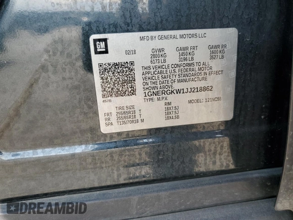 2018 Chevrolet Traverse LT Cloth with VIN 1GNERGKW1JJ218862, listed as a Copart auction lot 61662825 with 152,342 mi miles and Salvage title. Bid and sale history available at DreamBid. Image 14.