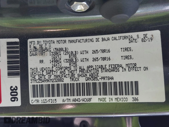 2019 Toyota Tacoma SR z VIN 3TMCZ5AN9KM232882, wystawiony jako IAAI lot #41879314 z przebiegiem Nie podano mil oraz . Historia ofert i sprzedaży dostępna na DreamBid. Obrazek 9.