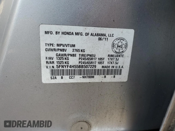 2011 Honda Pilot EX-L with VIN 5FNYF4H55BB507229, listed as a Copart auction lot 47874295 with 242,999 mi miles and Salvage Title. Bid and sale history available at DreamBid. Image 14.