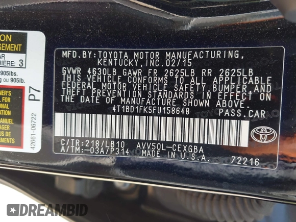 2015 Toyota Camry LE z VIN 4T1BD1FK5FU158648, wystawiony jako IAAI lot #42161671 z przebiegiem 118 109 mil mil oraz . Historia ofert i sprzedaży dostępna na DreamBid. Obrazek 9.