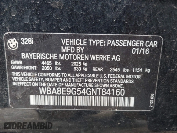 2016 BMW 3 Series 328i with VIN WBA8E9G54GNT84160, listed as a IAAI auction lot 41920657 with 123,492 mi miles. Bid and sale history available at carsss.com. Image 9.