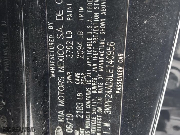 2020 Kia Forte LXS with VIN 3KPF24AD3LE140956, listed as a Copart auction lot 46306105 with 100,609 mi miles and Salvage Title. Bid and sale history available at carsss.com. Image 12.