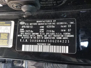 2013 Kia Optima EX with VIN 5XXGN4A75DG204221, listed as a IAAI auction lot 42081408 with 196,760 mi miles. Bid and sale history available at carsss.com. Image 9.