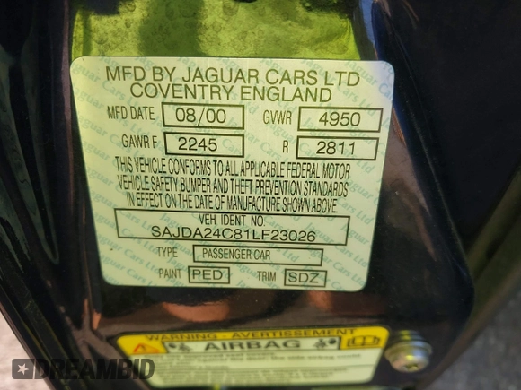 2001 Jaguar XJ Vanden Plas with VIN SAJDA24C81LF23026, listed as a IAAI auction lot 42671098 with 83,759 mi miles and . Bid and sale history available at DreamBid. Image 9.