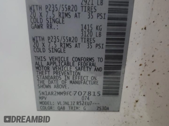 2015 Nissan Pathfinder SL with VIN 5N1AR2MM9FC707815, listed as a Copart auction lot 58073905 with 96,821 mi miles and Salvage title. Bid and sale history available at DreamBid. Image 13.