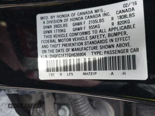 2016 Honda Civic Sedan EX-L with VIN 2HGFC1F77GH636904, listed as a IAAI auction lot 42090609 with 176,968 mi miles. Bid and sale history available at carsss.com. Image 9.