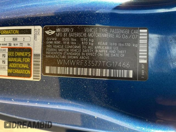 2007 MINI Convertible с VIN WMWRF33577TG17466, выставлен на аукционе Copart как лот 42860175 с пробегом 60 577 миль миль и Чистый • Clean title. История ставок и продаж доступна на DreamBid. Изображение 10.