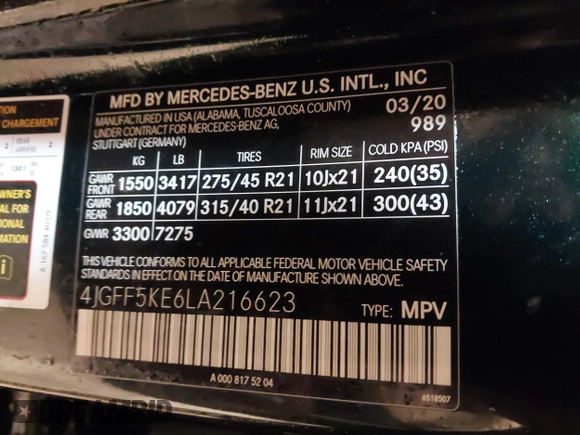 2020 Mercedes-Benz GLS with VIN 4JGFF5KE6LA216623, listed as a IAAI auction lot 41468802 with 46,594 mi miles. Bid and sale history available at carsss.com. Image 9.